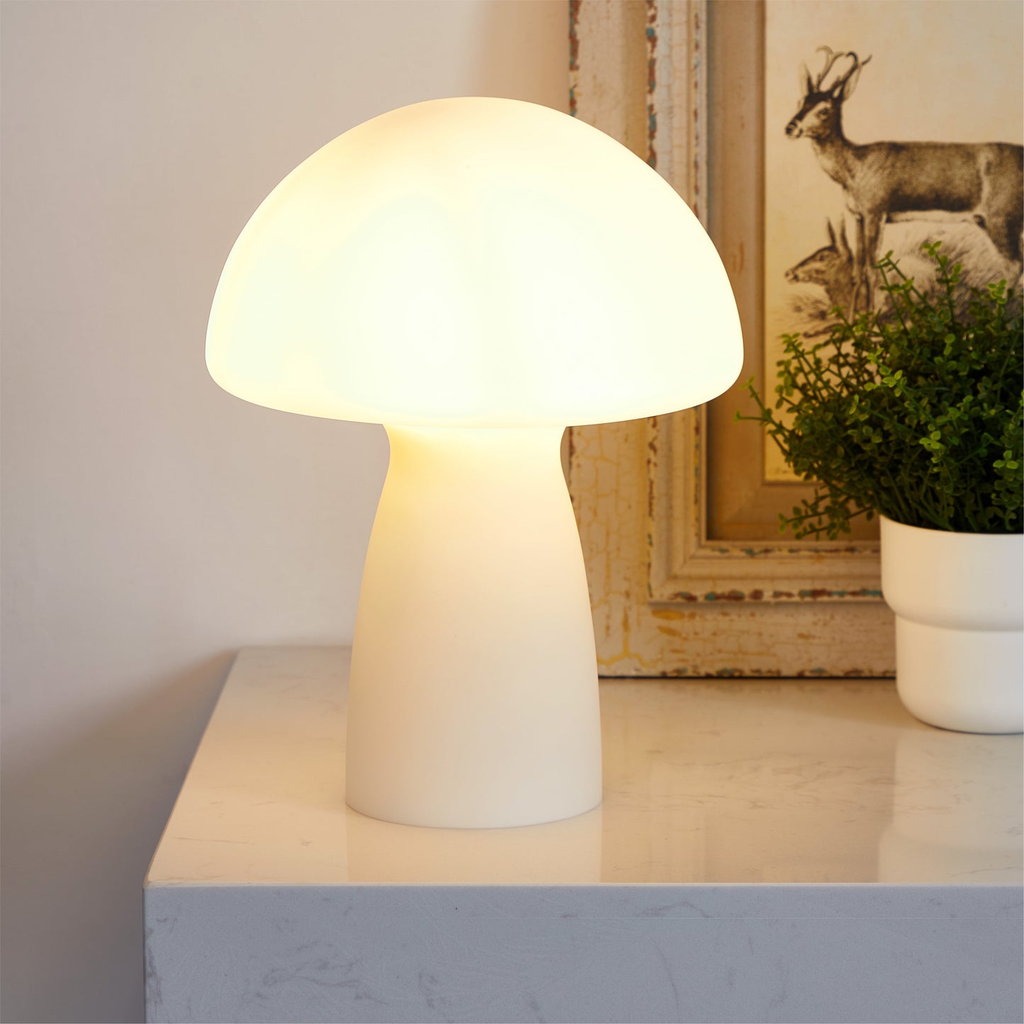 Novelty Glass Mushroom Lamp, Off-White Matte, 12" H, Plug-In