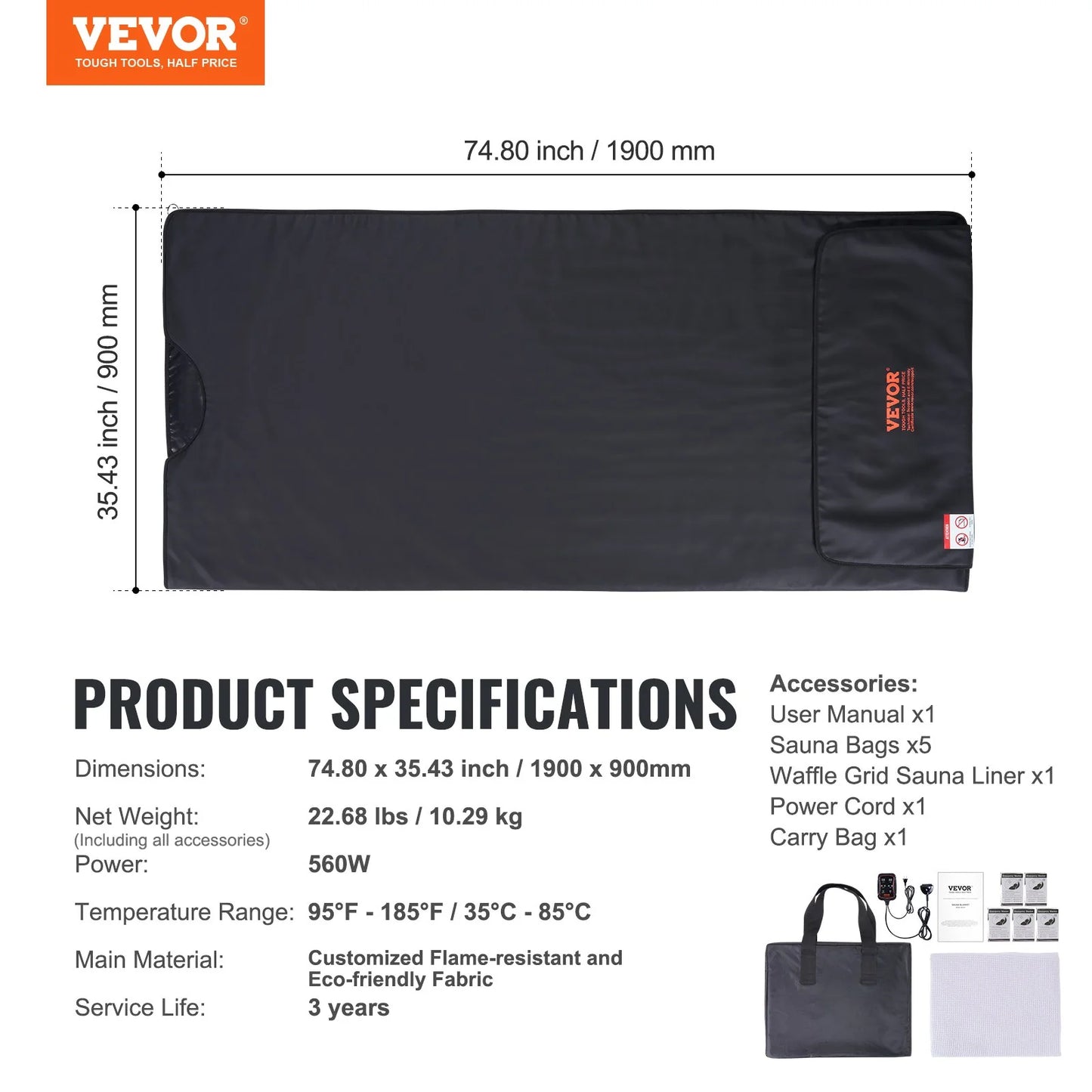 VEVOR Sauna Blanket for Detoxification, Portable Far Infrared Sauna for Home, PU Sauna Bag W/ Therapy Stones & Carbon Fiber Heating, 1-6 Level Adjustable Temp 95-185¨H, 1-60 Minutes Timer, 75 X 35In