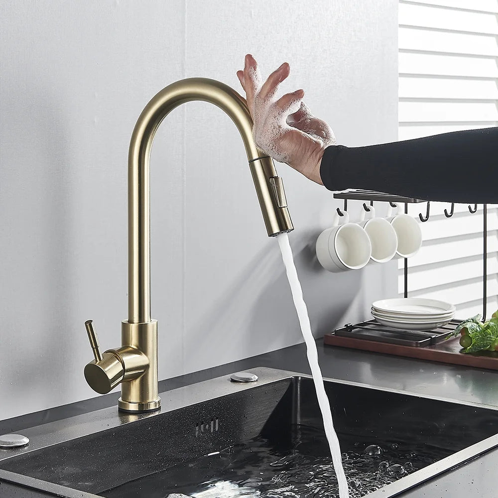 Brushed Gold Kitchen Faucet Sensitive Touch Control Sink Faucet