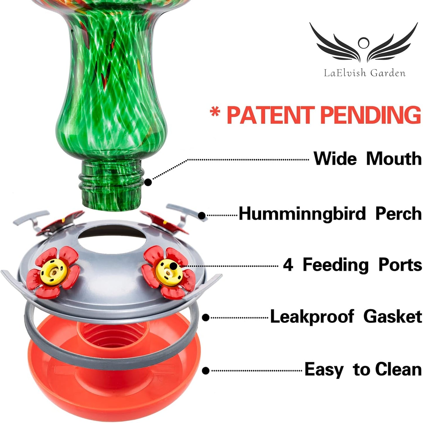 Hummingbird Feeders for Outdoors, 28OZ Hand Blown Glass Hummingbird Feeder for Outside Gift