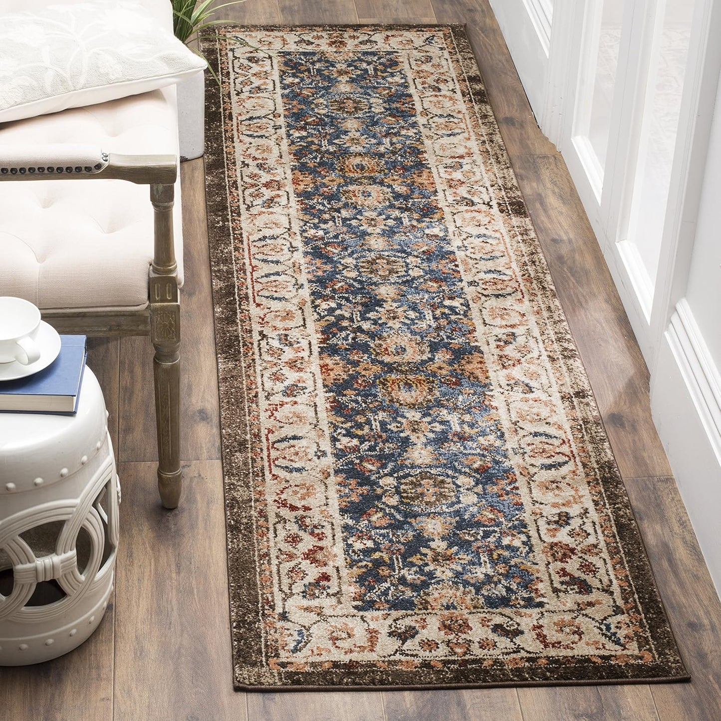 Bijar Collection 2'3" X 12' Royal / Ivory BIJ650B Traditional Oriental Distressed Non-Shedding Living Room Bedroom Runner Rug