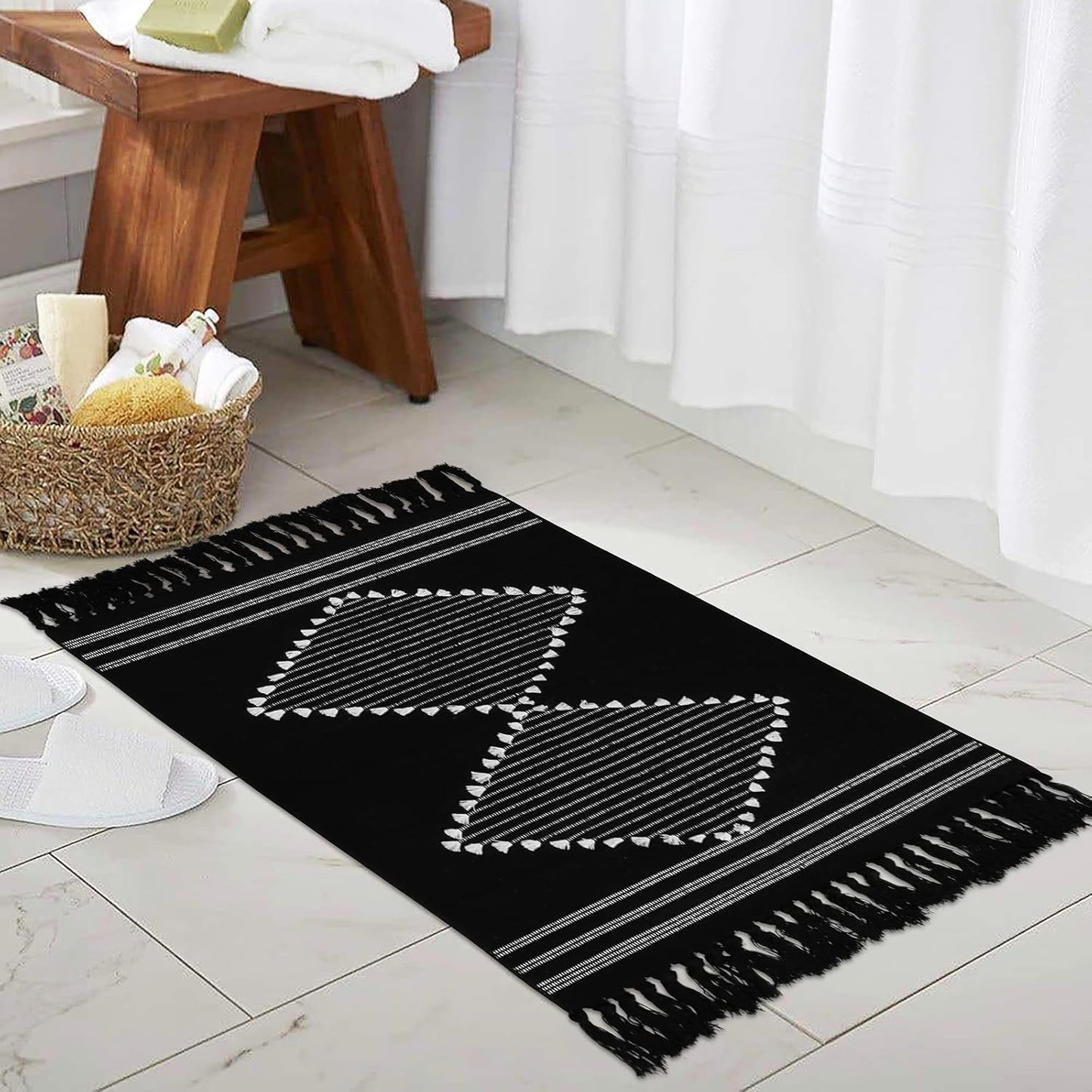Boho Bathroom Rug 2'X3', Machine Washable Cotton Woven Area Rug with Geometric Tassels Decorative Indoor/Outdoor Mat Farmhouse Rug for Kitchen Laundry Living Room Bedroom(Black)