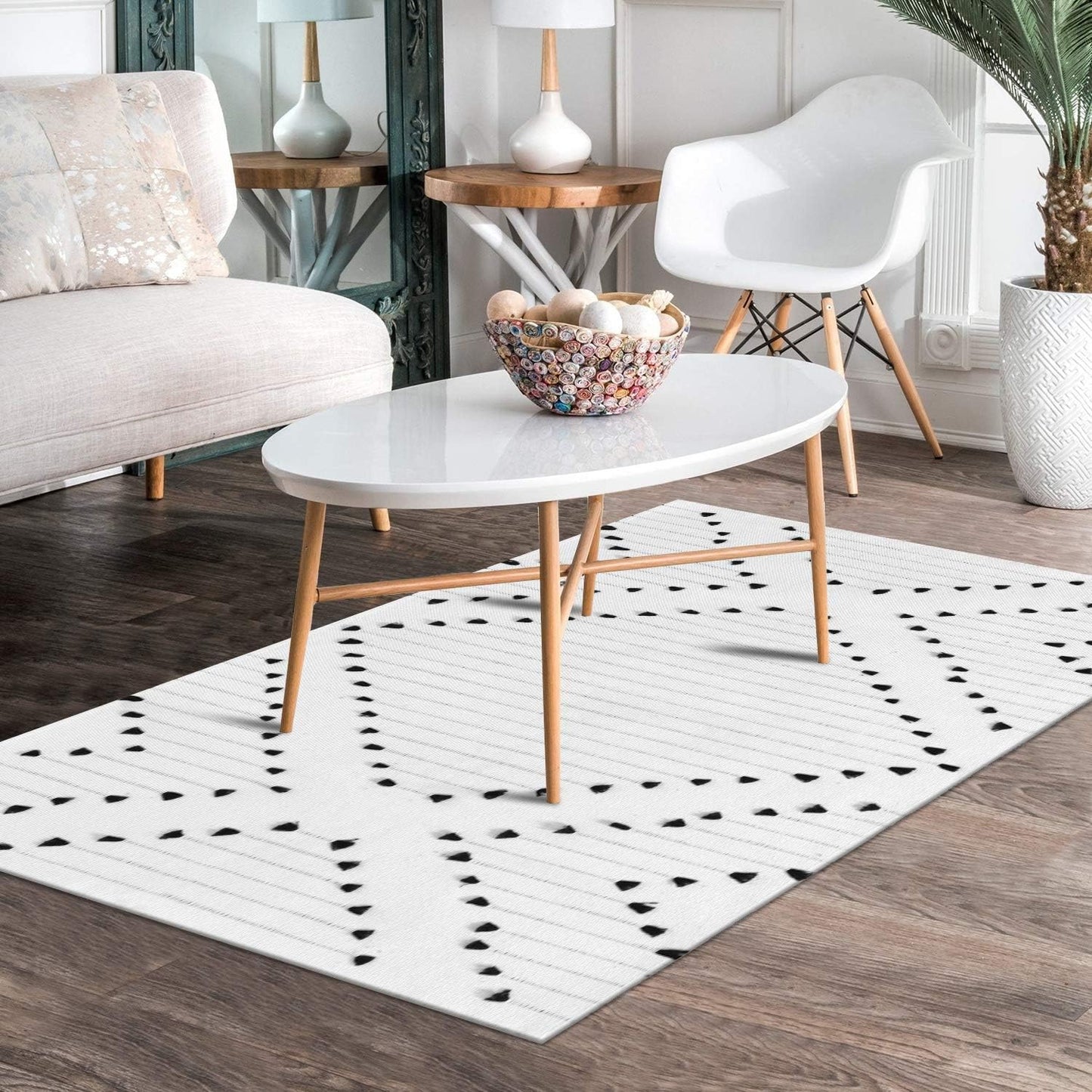 Boho Area Rug, 3'X5' White Geometric Kitchen Rug Cotton Moroccan Farmhouse Carpet, Machine Washable Indoor Outdoor Rug for Patio Entryway Living Room Bedroom Decor