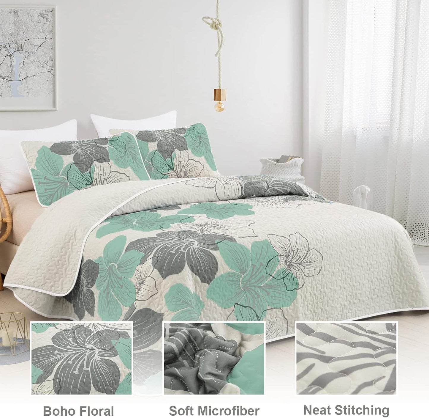 3 Pieces Quilt Set Queen Green Floral Pattern Quilt Coverlet Bohemian Floral Bedspread with 2 Pillow Shams Elegant Lightweight Botanical Bedding Quilt Set for All Season 90"X96"