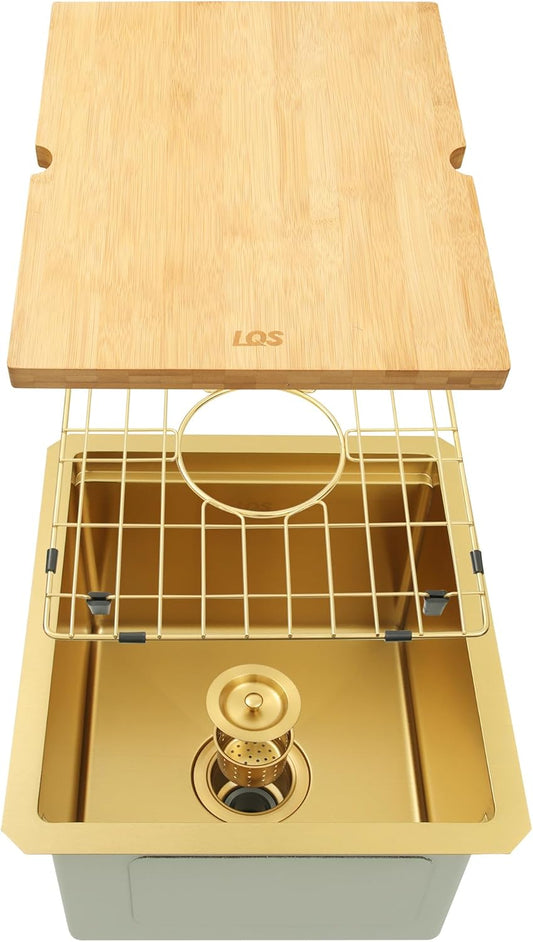 Gold Bar Sink Undermount, 15" X 17" Stainless Steel Bar Prep RV Sink, 16 Gauge Workstation Sinks, Small Single Bowl Kitchen Sinks with Cutting Board and Accessories