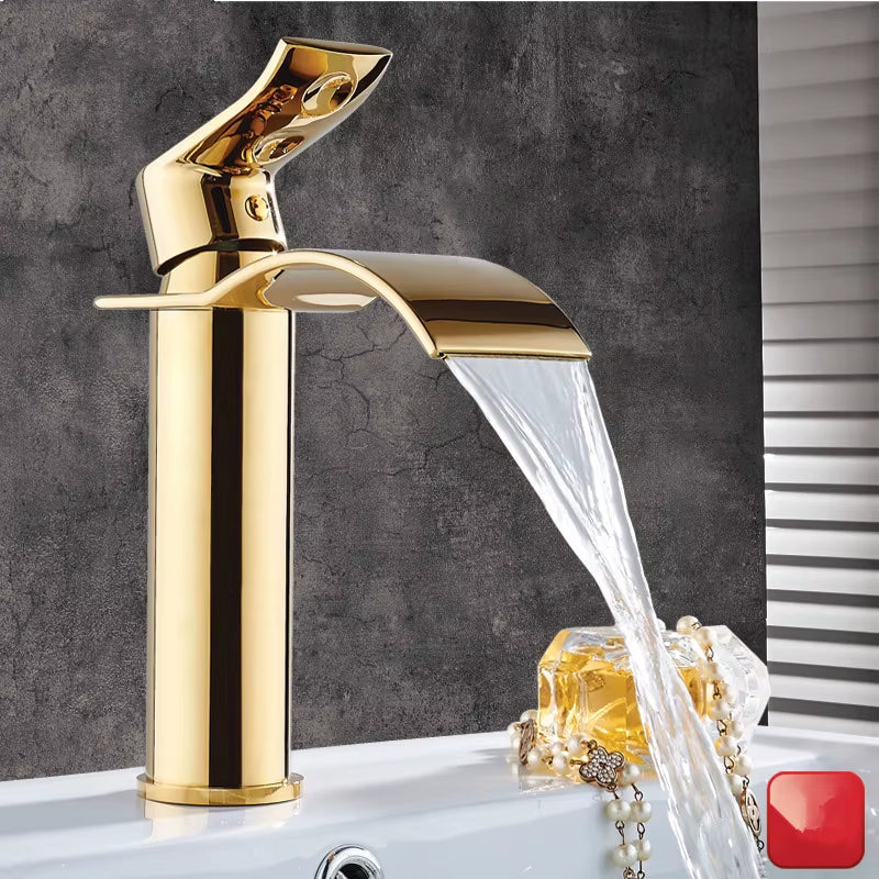 Basin Faucet Gold and White Waterfall Faucet Brass Bathroom Faucet Bathroom Basin Faucet Mixer Tap Hot and Cold Sink Faucet