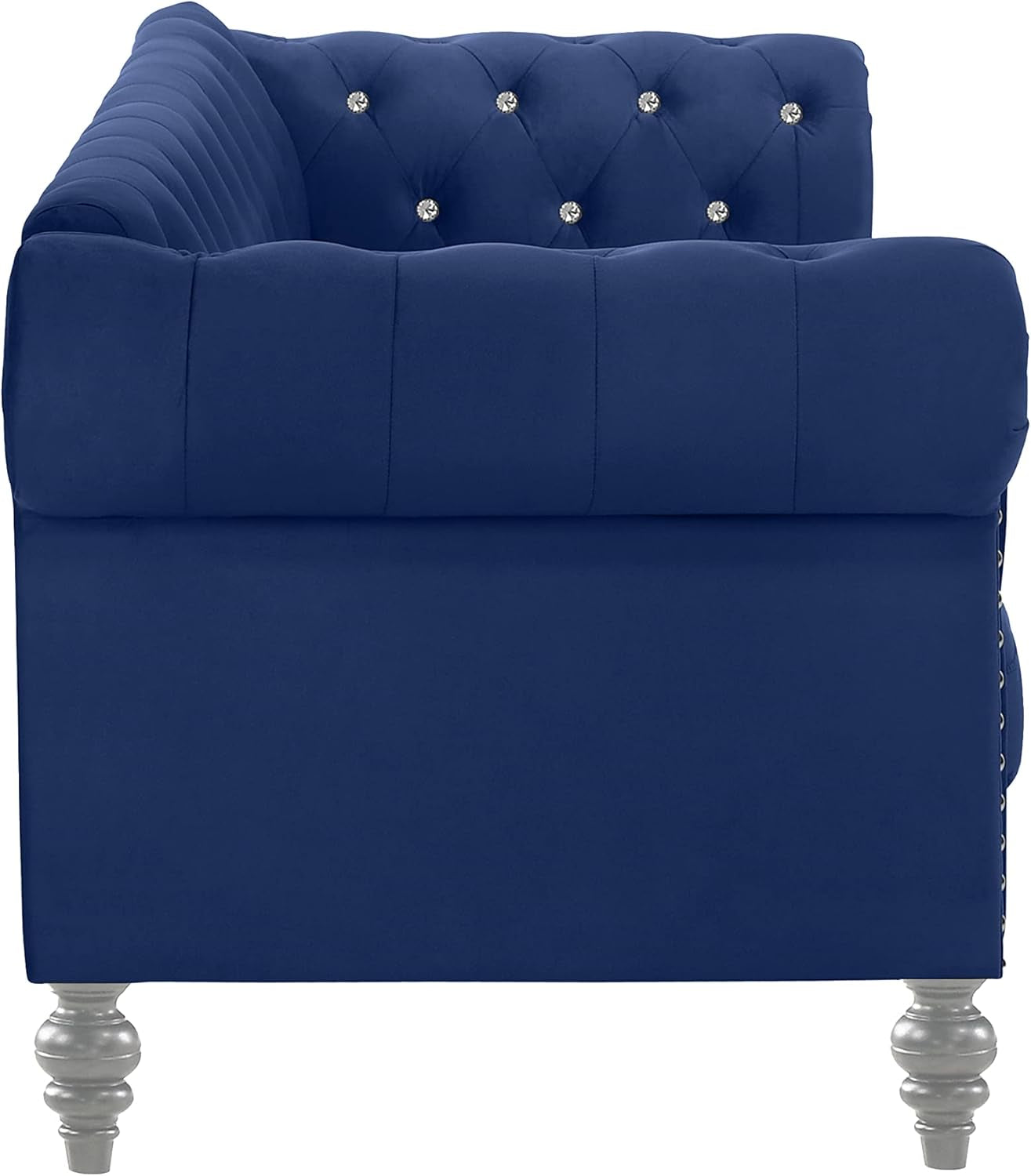 Glam Emma Velvet Three Seater Chesterfield Style Sofa for Small Spaces with Crystal Button Tufts, Royal Blue