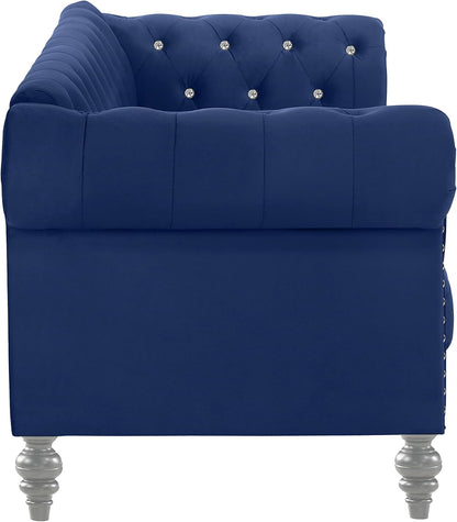 Glam Emma Velvet Three Seater Chesterfield Style Sofa for Small Spaces with Crystal Button Tufts, Royal Blue