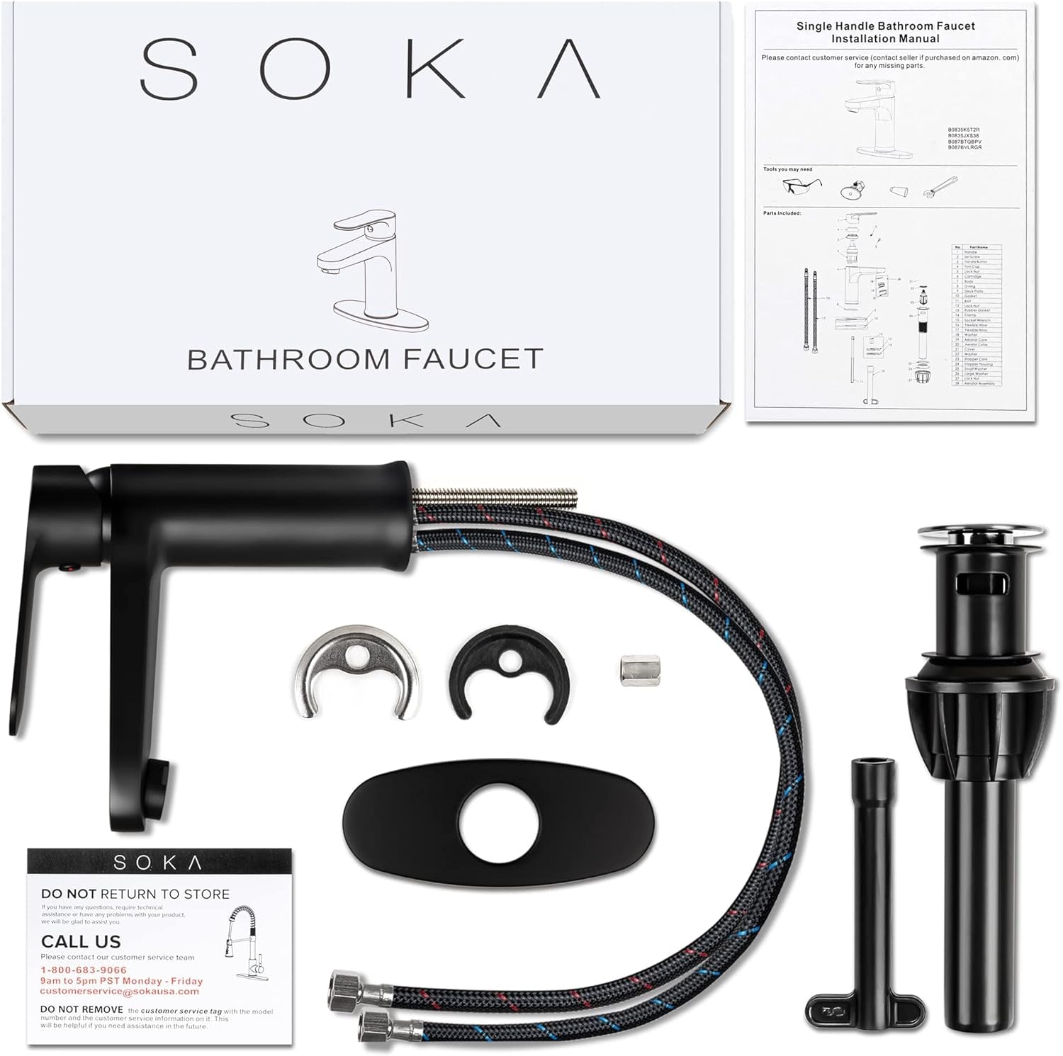 Brass Bathroom Faucet Matte Black with Pop-Up Sink Drain Stopper & Deck Plate - 1 or 3 Hole Single Handle RV Faucet