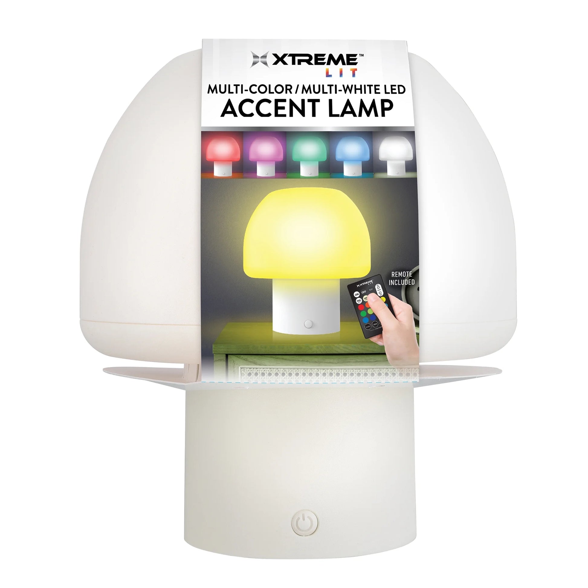 Lit New Multi-Color Multi-White LED Accent Mushroom Lamp with White Base, Remote Control