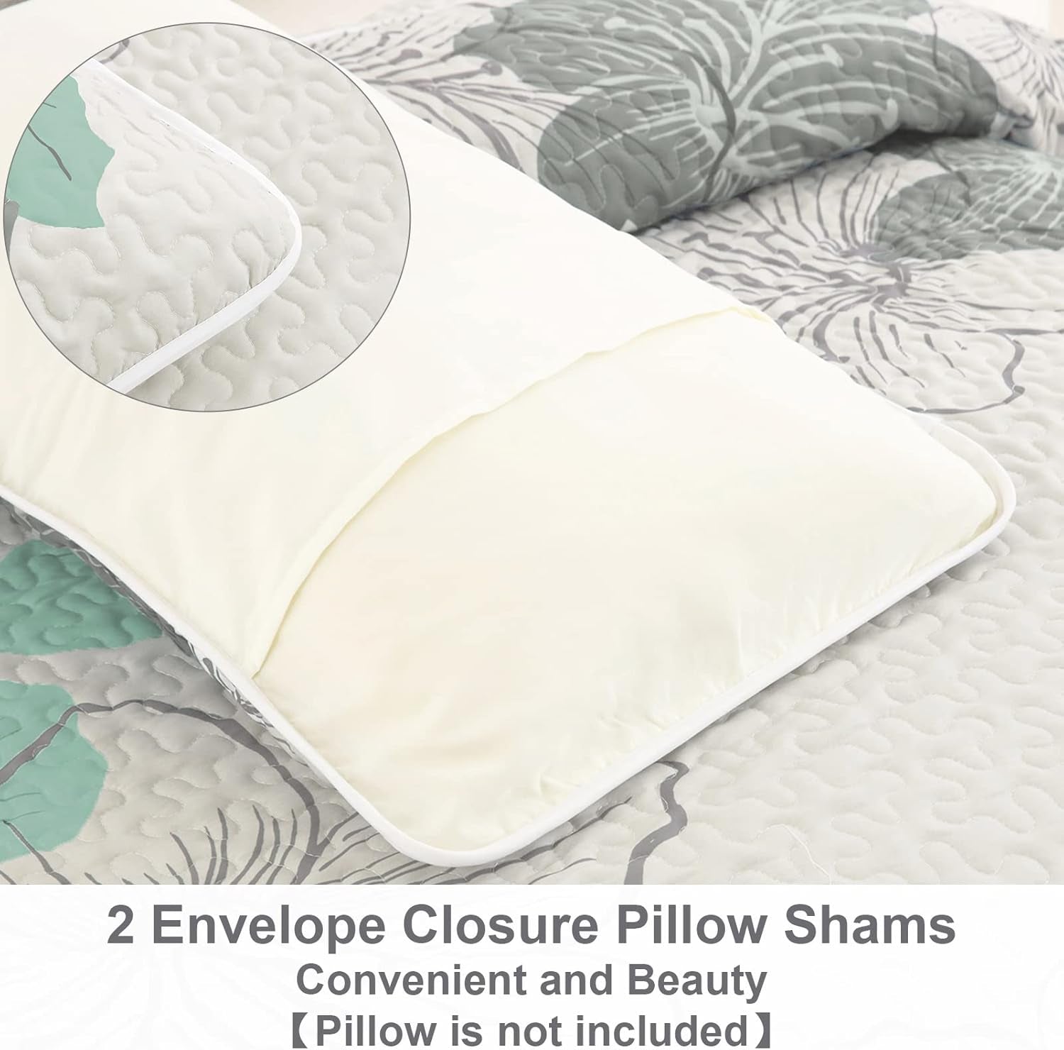 3 Pieces Quilt Set Queen Green Floral Pattern Quilt Coverlet Bohemian Floral Bedspread with 2 Pillow Shams Elegant Lightweight Botanical Bedding Quilt Set for All Season 90"X96"