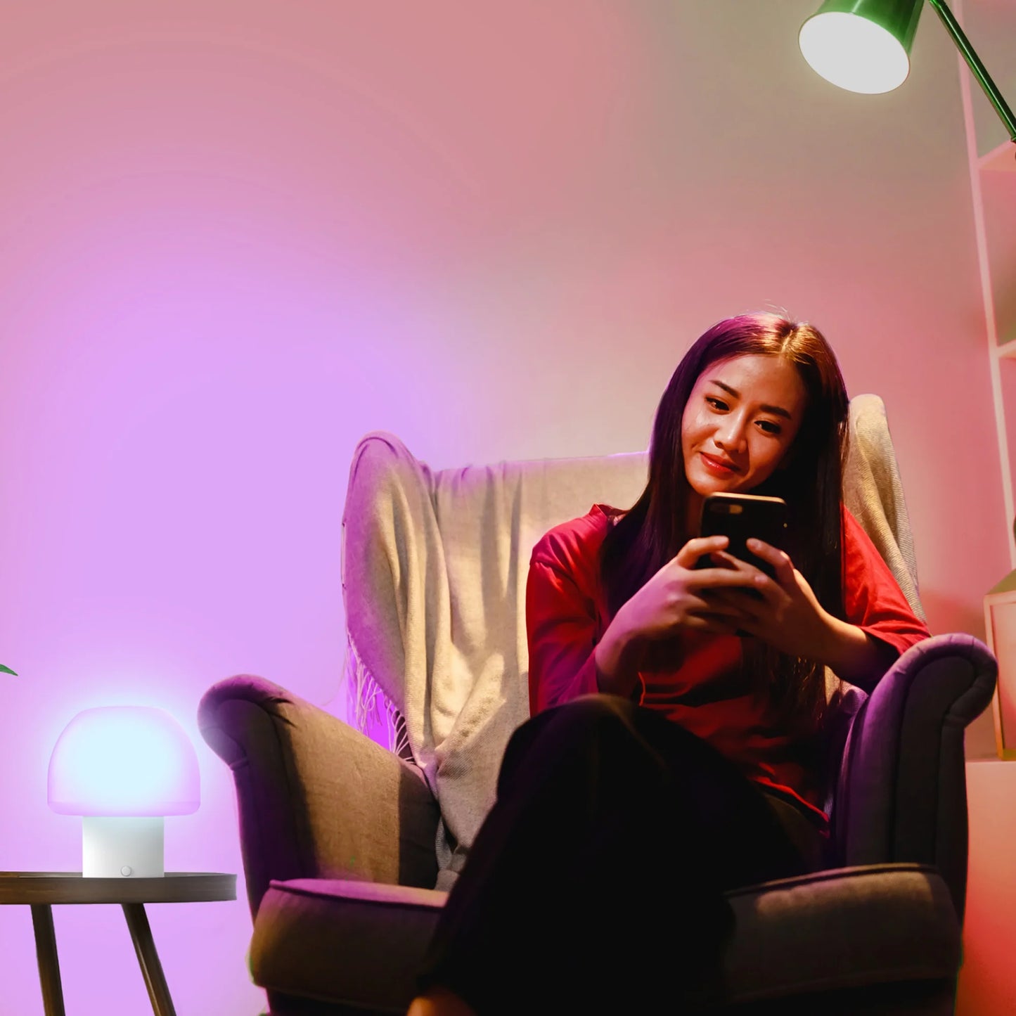 Lit New Multi-Color Multi-White LED Accent Mushroom Lamp with White Base, Remote Control