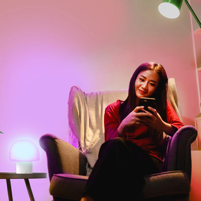 Lit New Multi-Color Multi-White LED Accent Mushroom Lamp with White Base, Remote Control