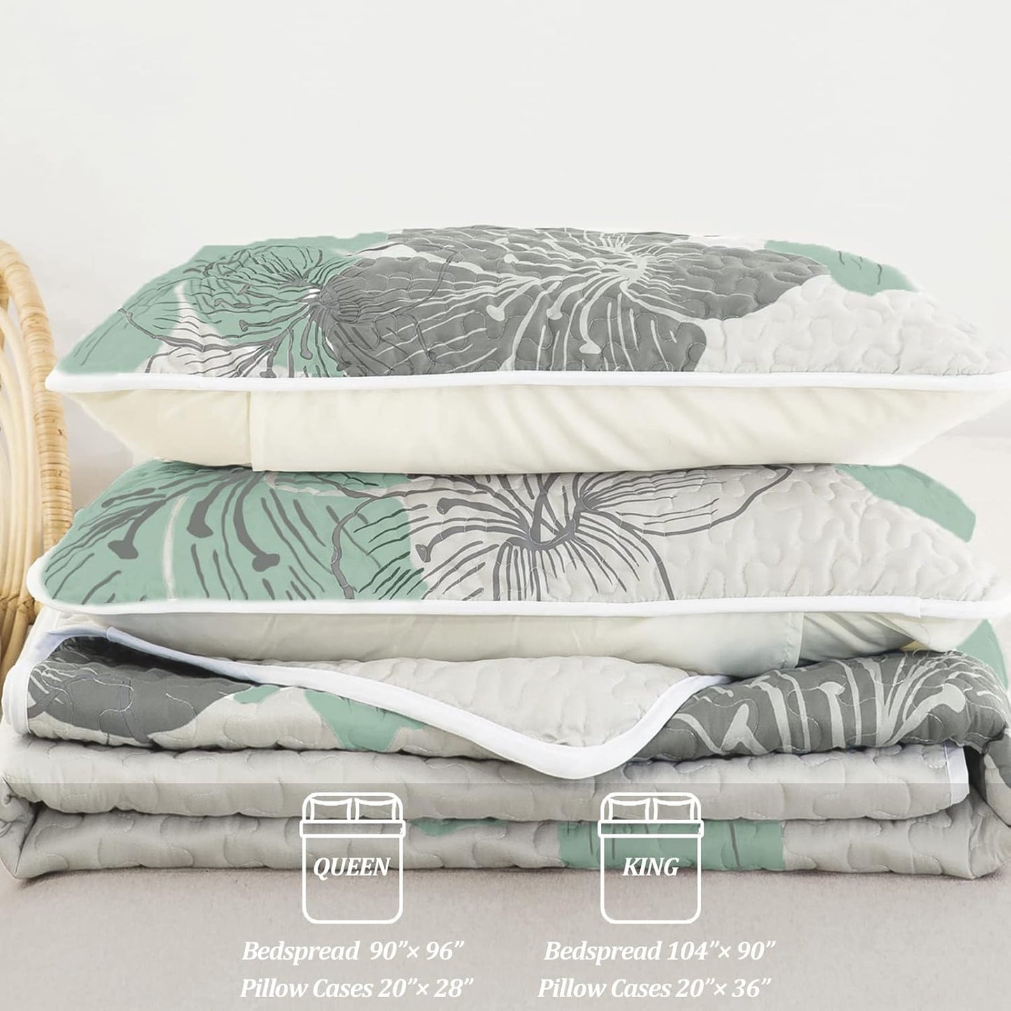3 Pieces Quilt Set Queen Green Floral Pattern Quilt Coverlet Bohemian Floral Bedspread with 2 Pillow Shams Elegant Lightweight Botanical Bedding Quilt Set for All Season 90"X96"