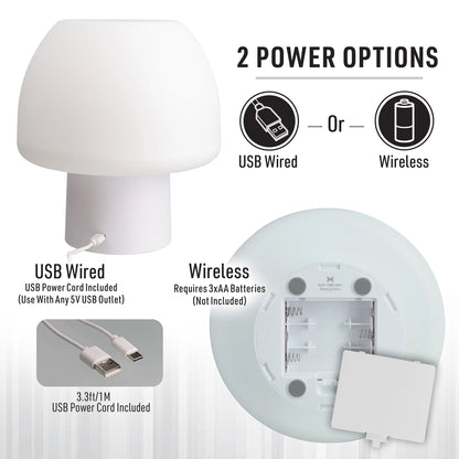 Lit New Multi-Color Multi-White LED Accent Mushroom Lamp with White Base, Remote Control
