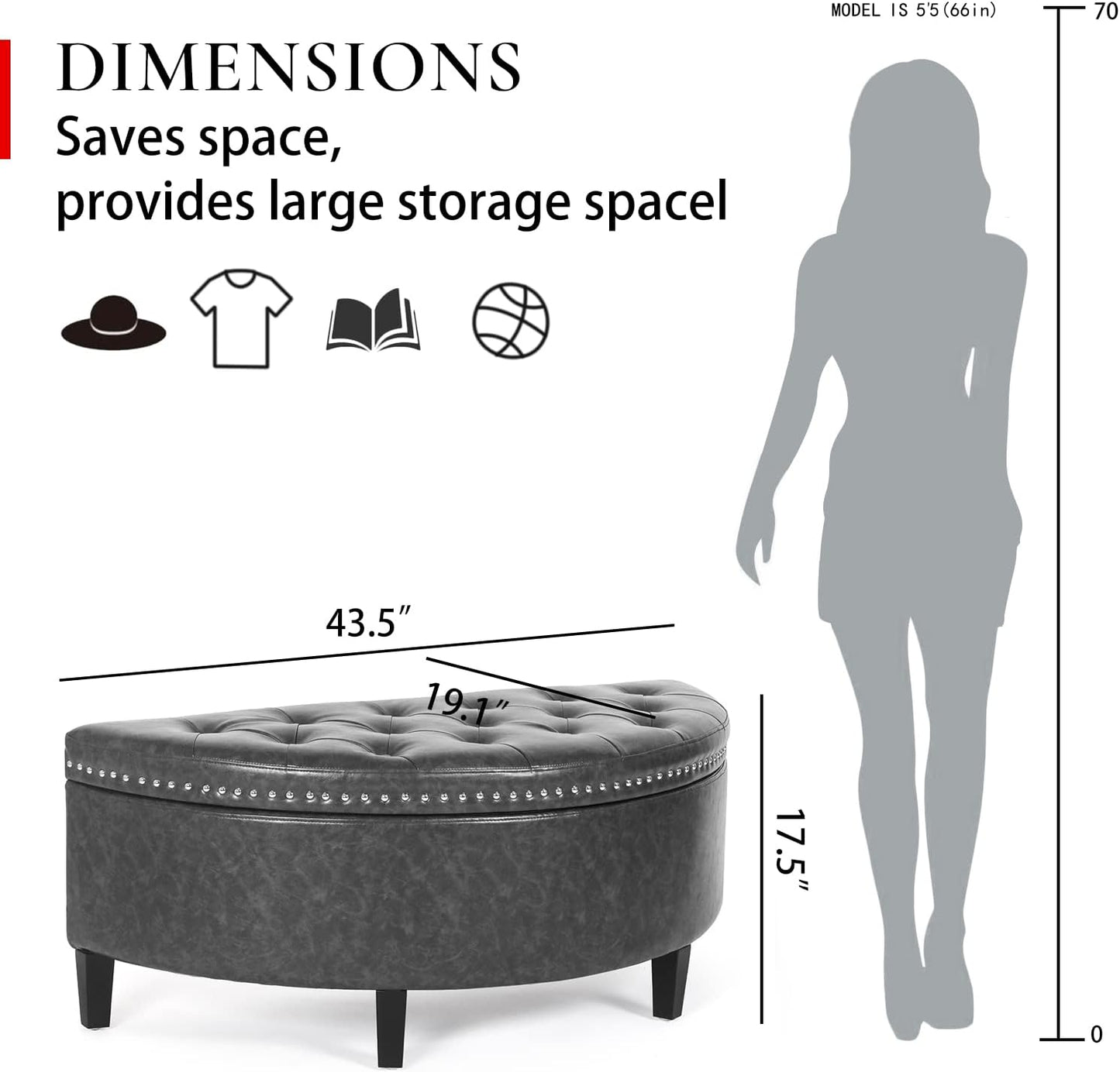 43" Half Moon Storage Ottoman Bench, Lift Top Faux Leather Storage Ottoman Bench for Bedroom Living Room (Gray)