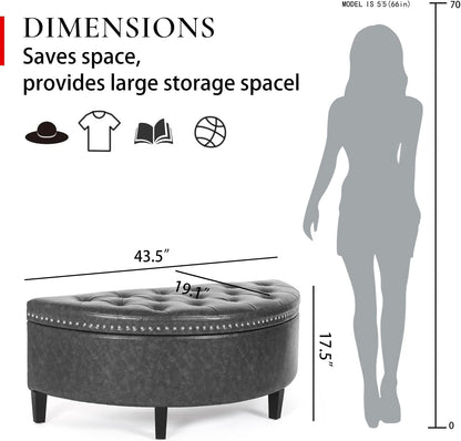 43" Half Moon Storage Ottoman Bench, Lift Top Faux Leather Storage Ottoman Bench for Bedroom Living Room (Gray)