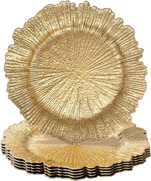 round 13" Gold Charger Plates, Set of 6, Reef Plate Chargers for Dinner Plates, Plastic Table Chargers for Wedding, Thanksgiving, Christmas