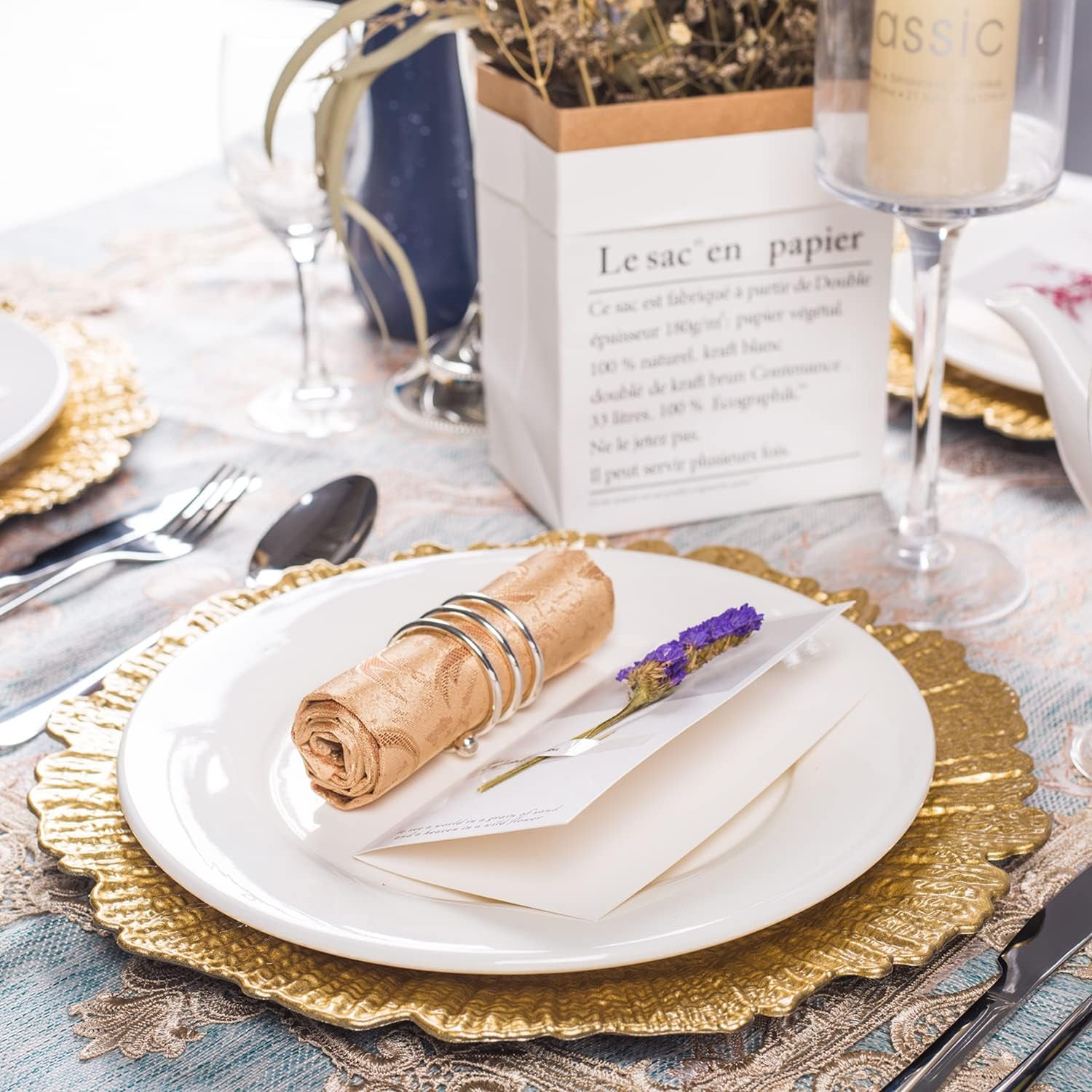 round 13" Gold Charger Plates, Set of 6, Reef Plate Chargers for Dinner Plates, Plastic Table Chargers for Wedding, Thanksgiving, Christmas