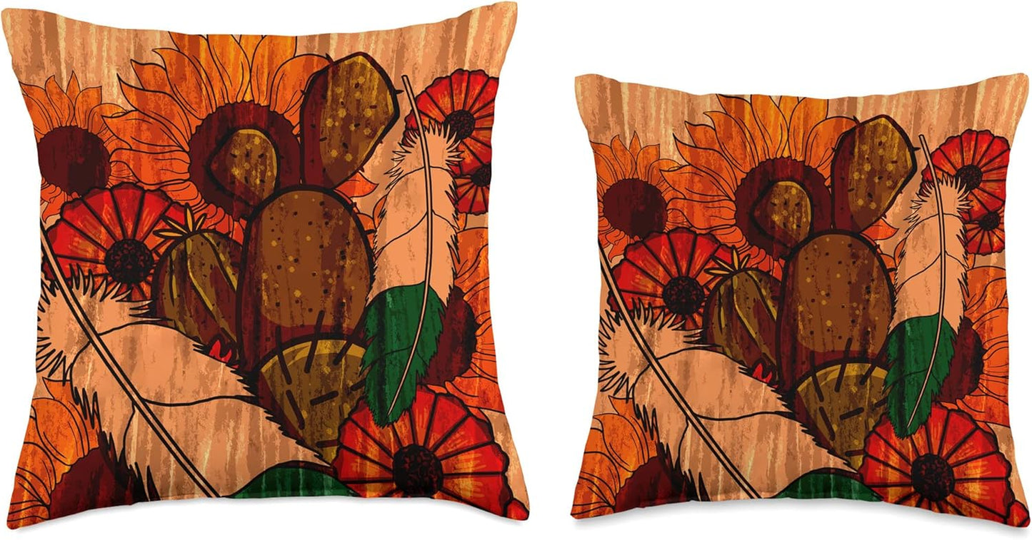 Boho Flowers Cactus Succulent Botanical Bohemian Aesthetic Throw Pillow