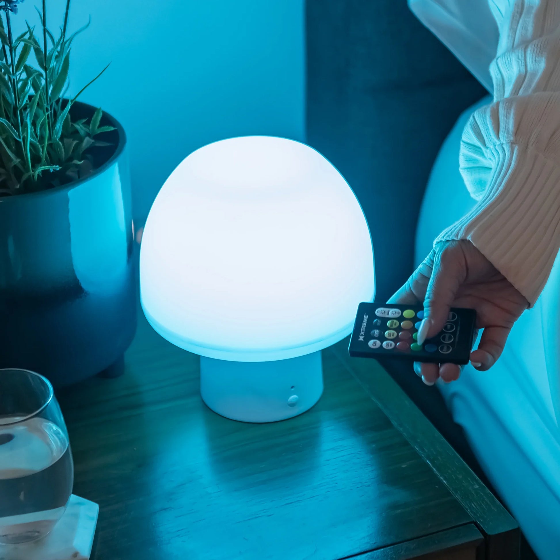 Lit New Multi-Color Multi-White LED Accent Mushroom Lamp with White Base, Remote Control