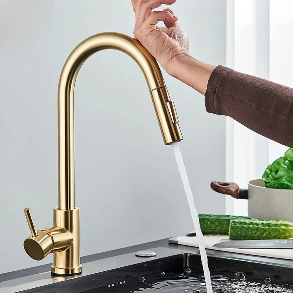 Brushed Gold Kitchen Faucet  Sensitive Touch Control Sink Faucet
