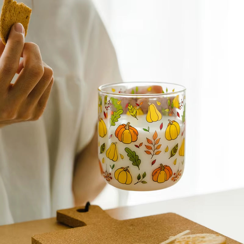Jinyoujia-Heat-Resistant Glass Mug with Handle, Breakfast Milk Cup, Cute Office Home Coffee Mugs, Mushroom, Pumpkin Pattern