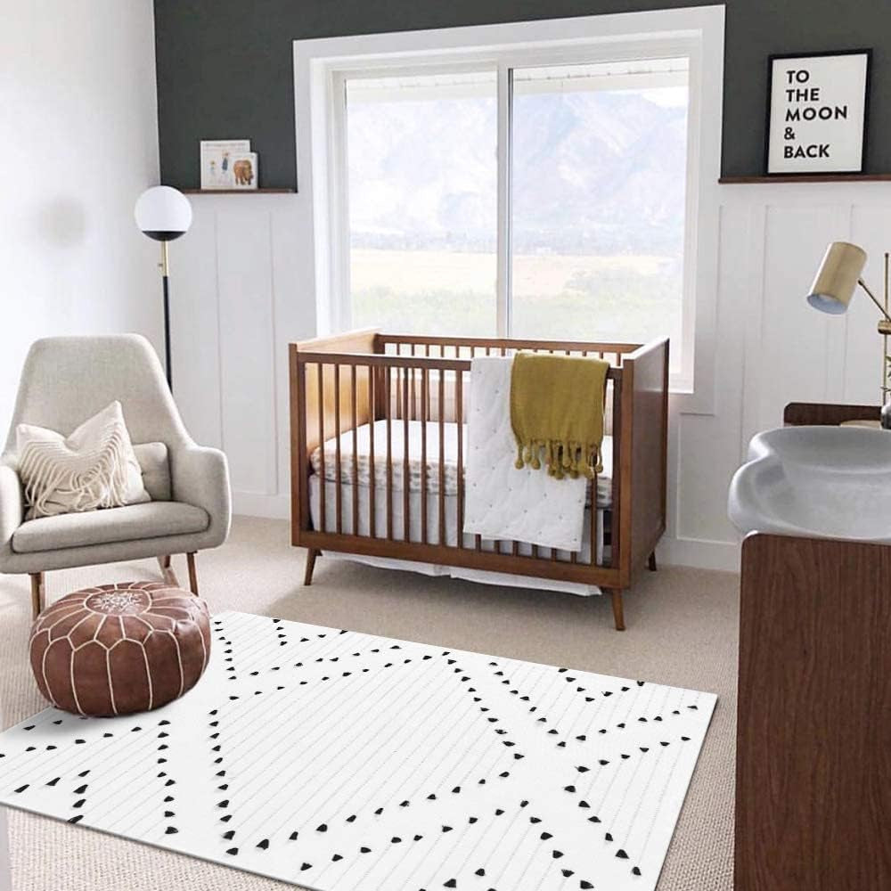 Boho Area Rug, 3'X5' White Geometric Kitchen Rug Cotton Moroccan Farmhouse Carpet, Machine Washable Indoor Outdoor Rug for Patio Entryway Living Room Bedroom Decor