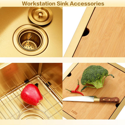 Gold Bar Sink Undermount, 15" X 17" Stainless Steel Bar Prep RV Sink, 16 Gauge Workstation Sinks, Small Single Bowl Kitchen Sinks with Cutting Board and Accessories