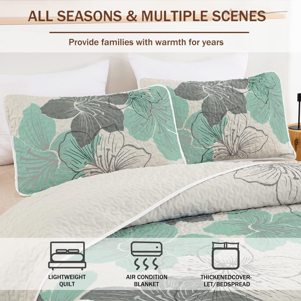 3 Pieces Quilt Set Queen Green Floral Pattern Quilt Coverlet Bohemian Floral Bedspread with 2 Pillow Shams Elegant Lightweight Botanical Bedding Quilt Set for All Season 90"X96"