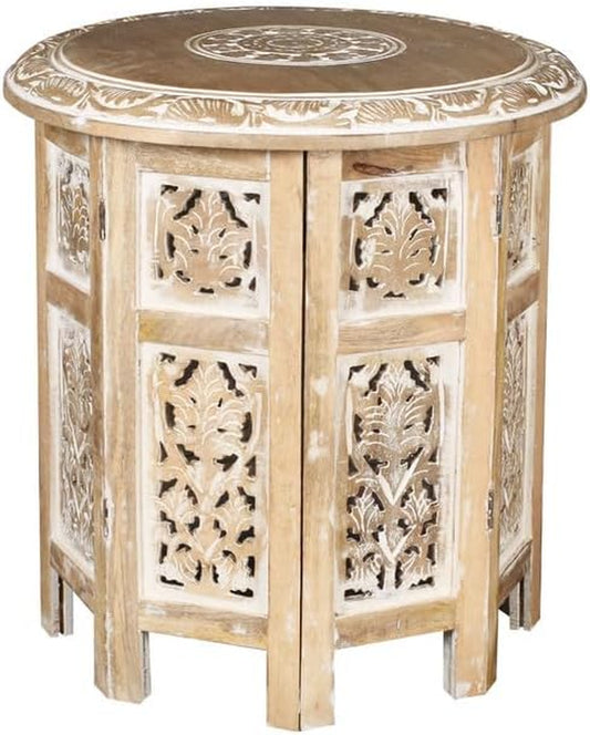 Lightnpro Solid Wood Accent Table - Octagonal Vintage Home Décor round Side Table for Living Room, Entryway, Hallway, Perfect for Magazines, Books & Plants - 18X18 Inch - White Wash