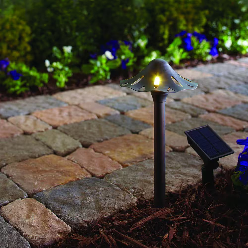 Solar Oil Rubbed Bronze Outdoor Integrated LED Mushroom Landscape Path Light with Remote Solar Panel (2-Pack)