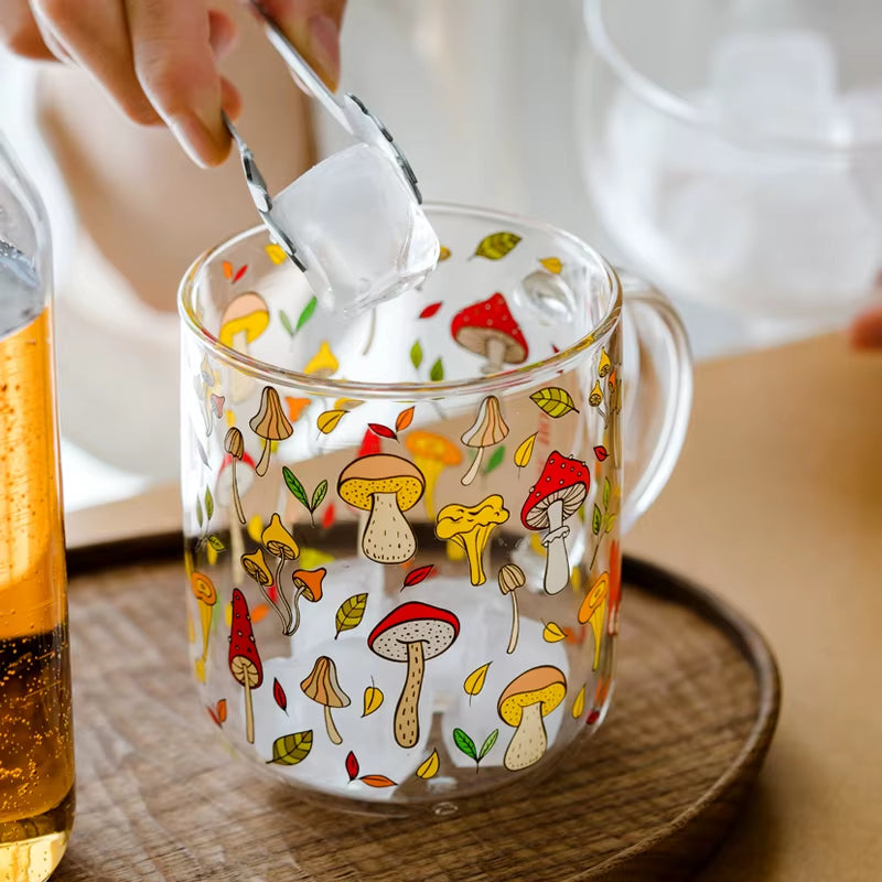 Jinyoujia-Heat-Resistant Glass Mug with Handle, Breakfast Milk Cup, Cute Office Home Coffee Mugs, Mushroom, Pumpkin Pattern