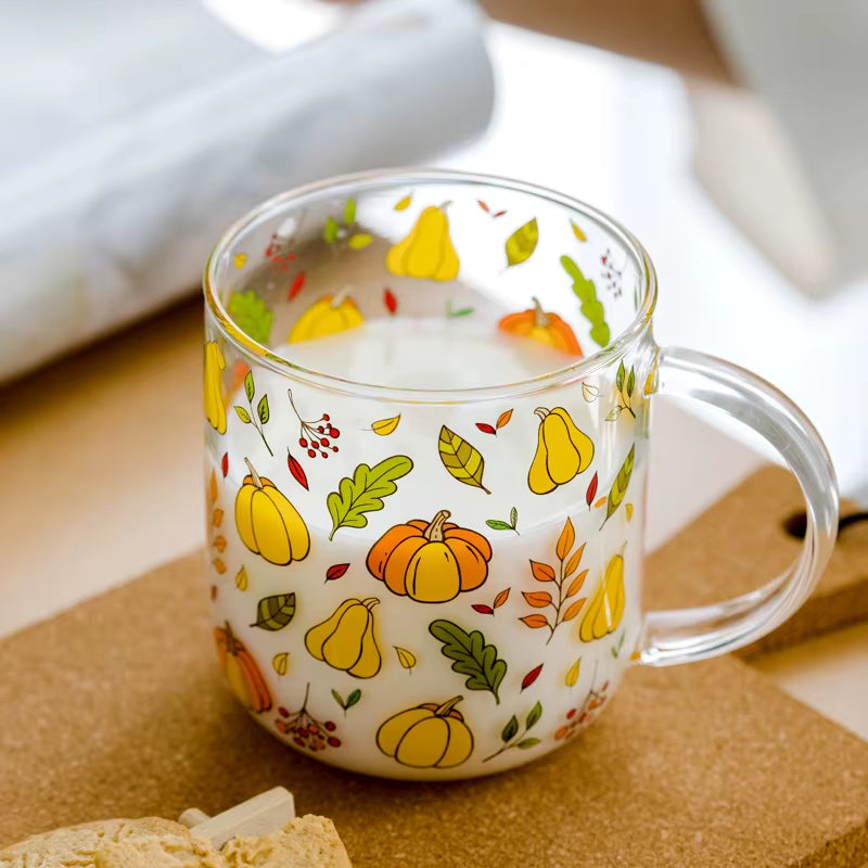 Jinyoujia-Heat-Resistant Glass Mug with Handle, Breakfast Milk Cup, Cute Office Home Coffee Mugs, Mushroom, Pumpkin Pattern