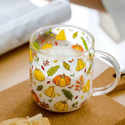 Jinyoujia-Heat-Resistant Glass Mug with Handle, Breakfast Milk Cup, Cute Office Home Coffee Mugs, Mushroom, Pumpkin Pattern