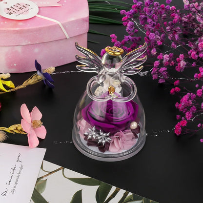 Mothers Day Mom Gifts for Her, Preserved Flowers Rose in Glass Angel Figurines