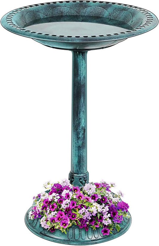 28 Inch Height Polyresin Lightweight Antique Outdoor Garden Bird Bath with Flower Planter Base Green