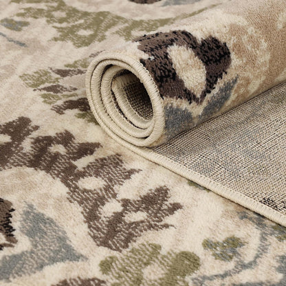 Indoor Area Rug, Jute Backed, Modern Oriental Floral Damask Floor Decor for Office, Living Room, Bedroom, Entryway, Dining/Kitchen, Hardwood, Augusta Collection, 8' X 10', Beige-Brown
