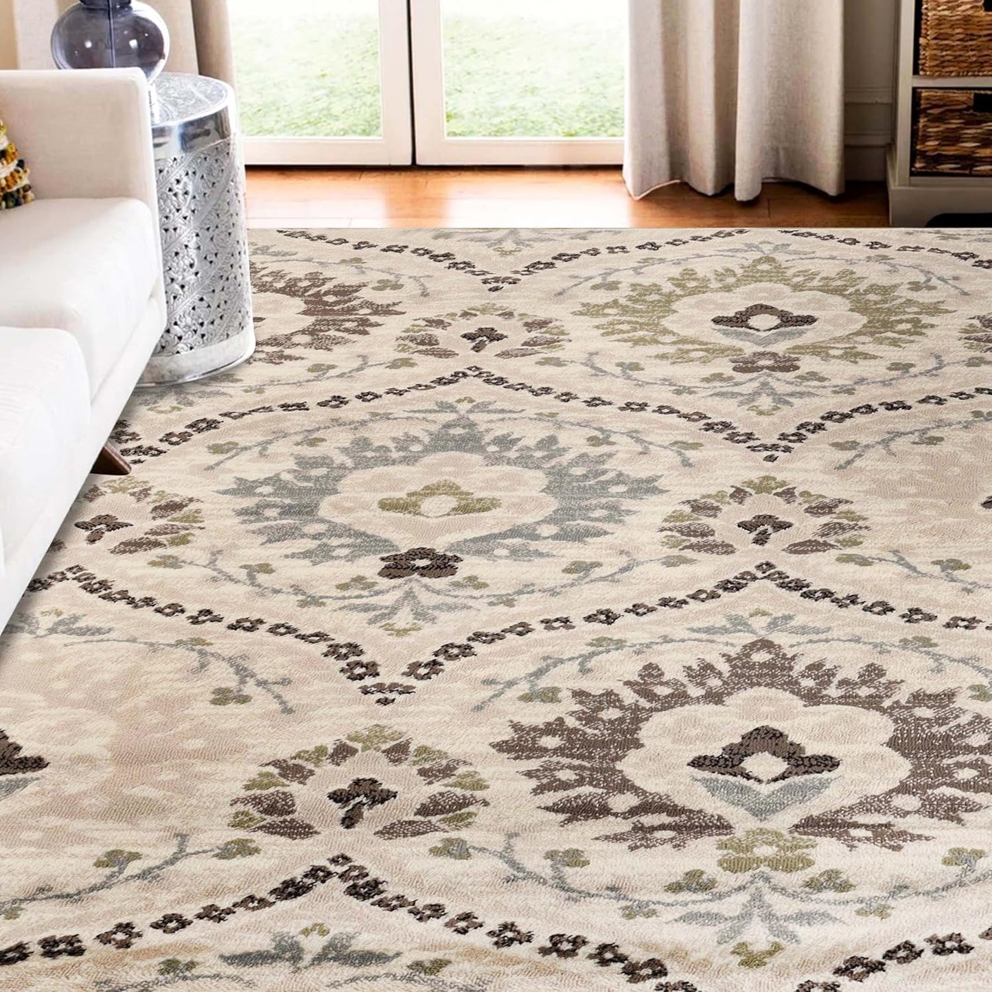 Indoor Area Rug, Jute Backed, Modern Oriental Floral Damask Floor Decor for Office, Living Room, Bedroom, Entryway, Dining/Kitchen, Hardwood, Augusta Collection, 8' X 10', Beige-Brown