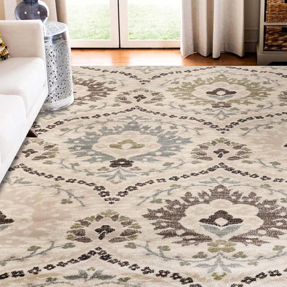 Indoor Area Rug, Jute Backed, Modern Oriental Floral Damask Floor Decor for Office, Living Room, Bedroom, Entryway, Dining/Kitchen, Hardwood, Augusta Collection, 8' X 10', Beige-Brown