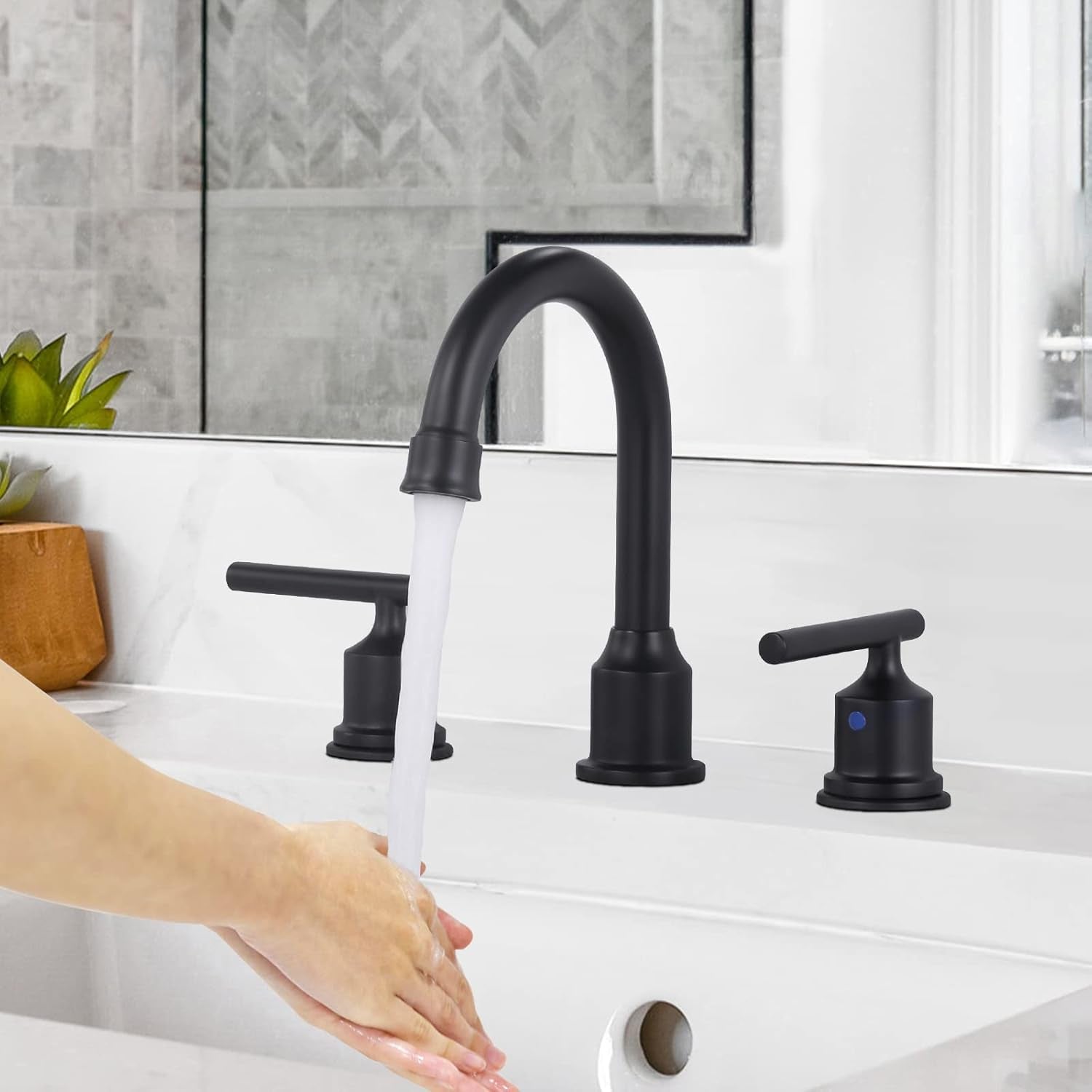 2 Handle Bathroom Faucet Matte Black Bathroom Sink Faucet Widespread Faucet with Pop up Drain Brass Bathroom Faucet 3 Hole Vanity Faucet 8 Inch Basin Faucet