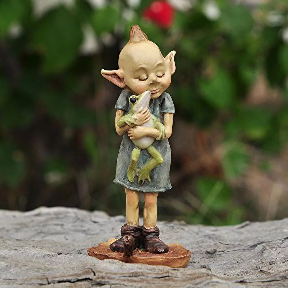 Miniature Fairy Garden and Terrarium Statue, Garden Pixie Elf Hugging Frog