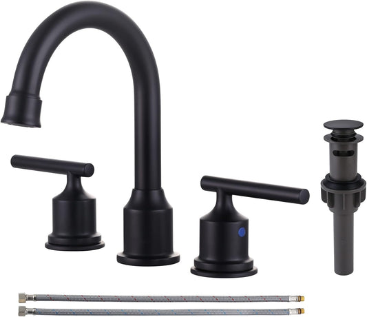 2 Handle Bathroom Faucet Matte Black Bathroom Sink Faucet Widespread Faucet with Pop up Drain Brass Bathroom Faucet 3 Hole Vanity Faucet 8 Inch Basin Faucet