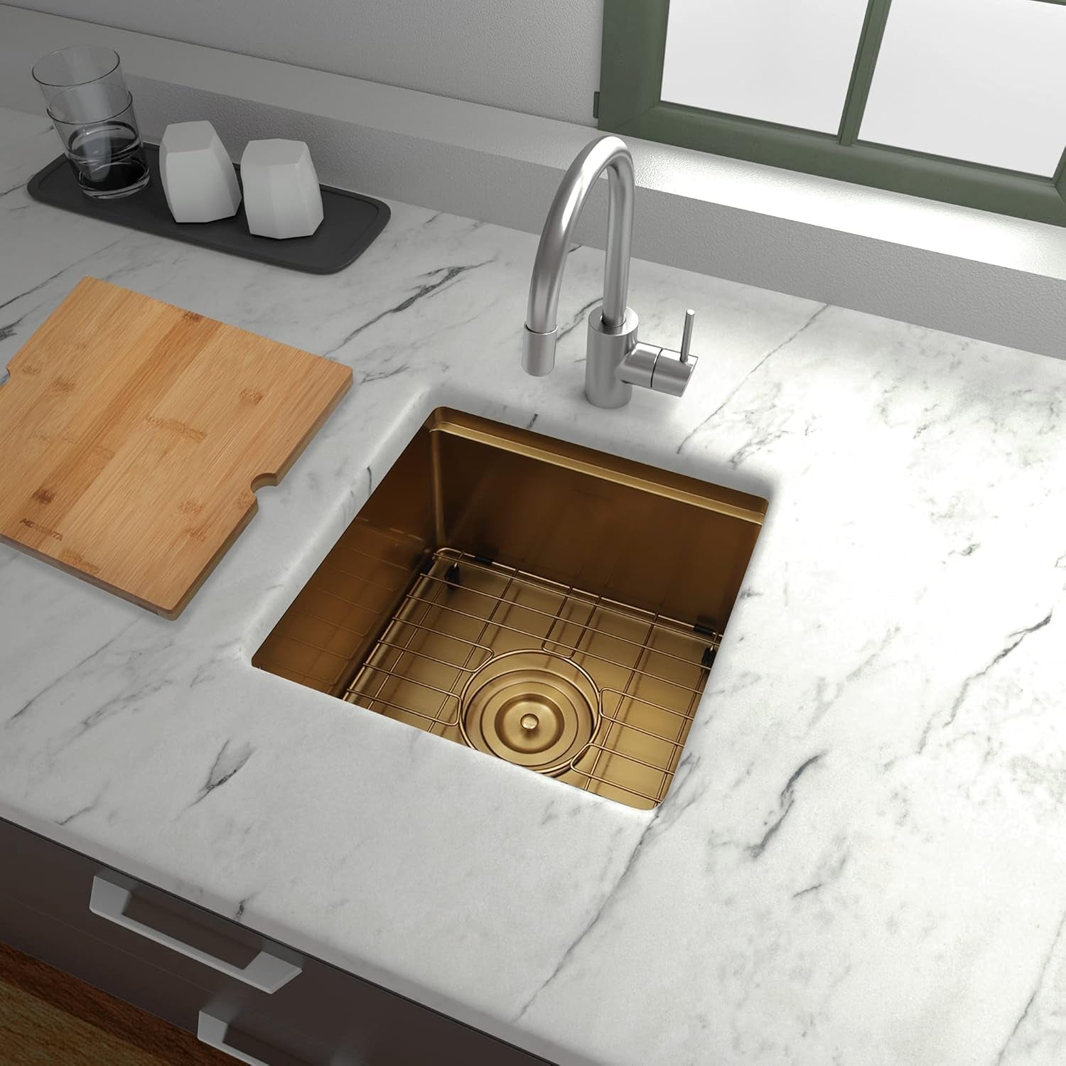 Gold Bar Sink,15 Inch Undermount Bar Sinks, 15" X 15" X 10" Small and Deep Single Bowl Kitchen Sink for Bars and RV, 16 Gauge Stainless Steel Workstation Kitchens Sinks with Gold Accessories