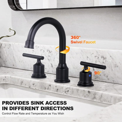 2 Handle Bathroom Faucet Matte Black Bathroom Sink Faucet Widespread Faucet with Pop up Drain Brass Bathroom Faucet 3 Hole Vanity Faucet 8 Inch Basin Faucet