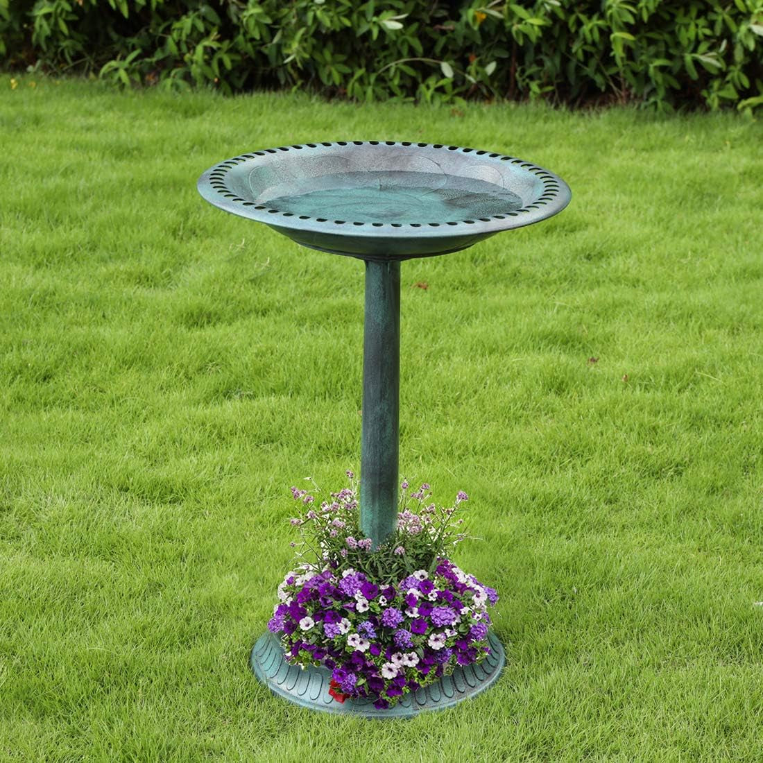 28 Inch Height Polyresin Lightweight Antique Outdoor Garden Bird Bath with Flower Planter Base Green