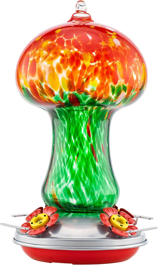 Hummingbird Feeders for Outdoors, 28OZ Hand Blown Glass Hummingbird Feeder for Outside Gift