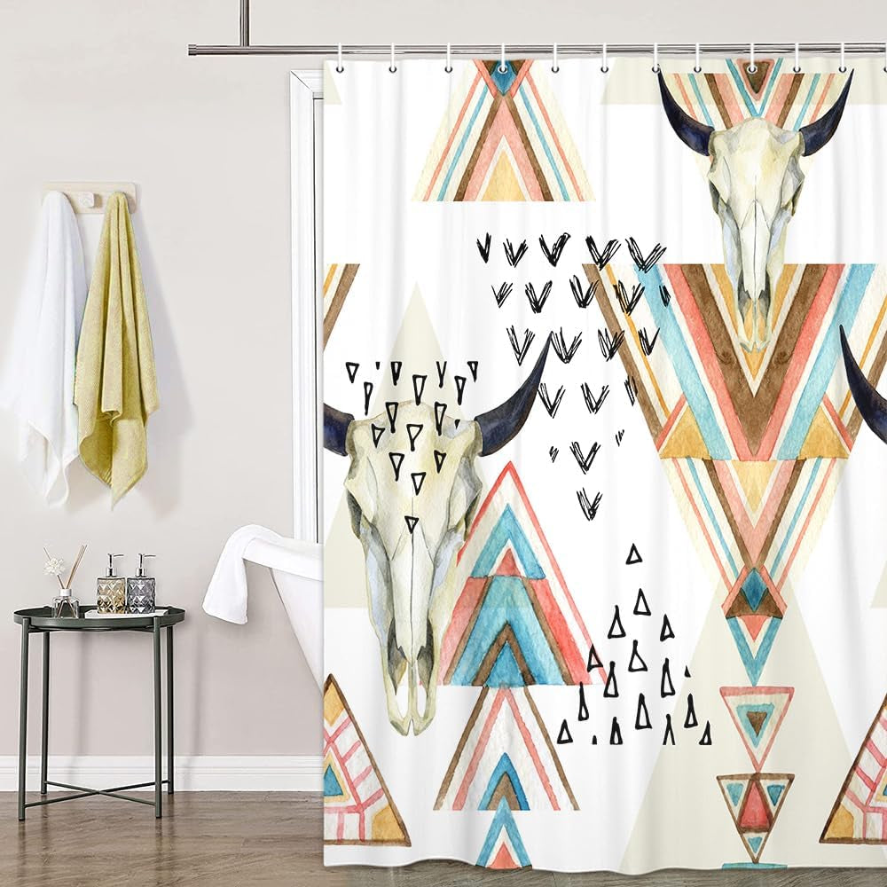 Western Boho Shower Curtain Native Aztec Tribal Bull Skull Southwestern Cow Bohemian Geometric Pattern West Bathroom Decor Aztec Shower Curtain with Hooks (69X70)