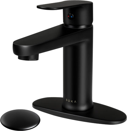 Brass Bathroom Faucet Matte Black with Pop-Up Sink Drain Stopper & Deck Plate - 1 or 3 Hole Single Handle RV Faucet