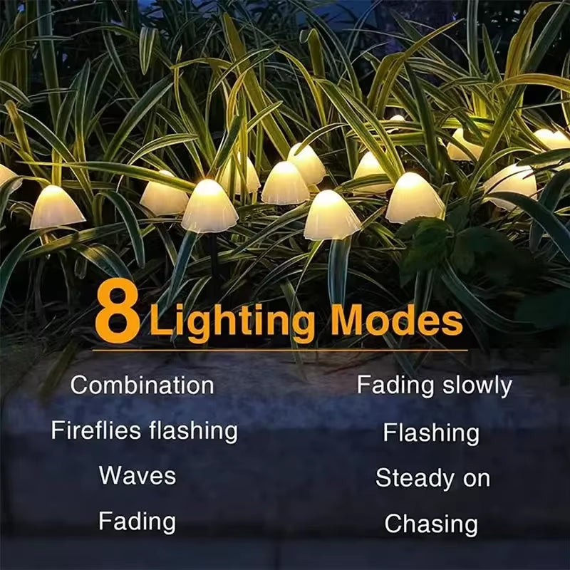 Solar Mushroom String Lights 8 Modes LED Fairy Light Outdoor IP65 Waterproof Lawn Lights Smart Photosensitive Landscape Light